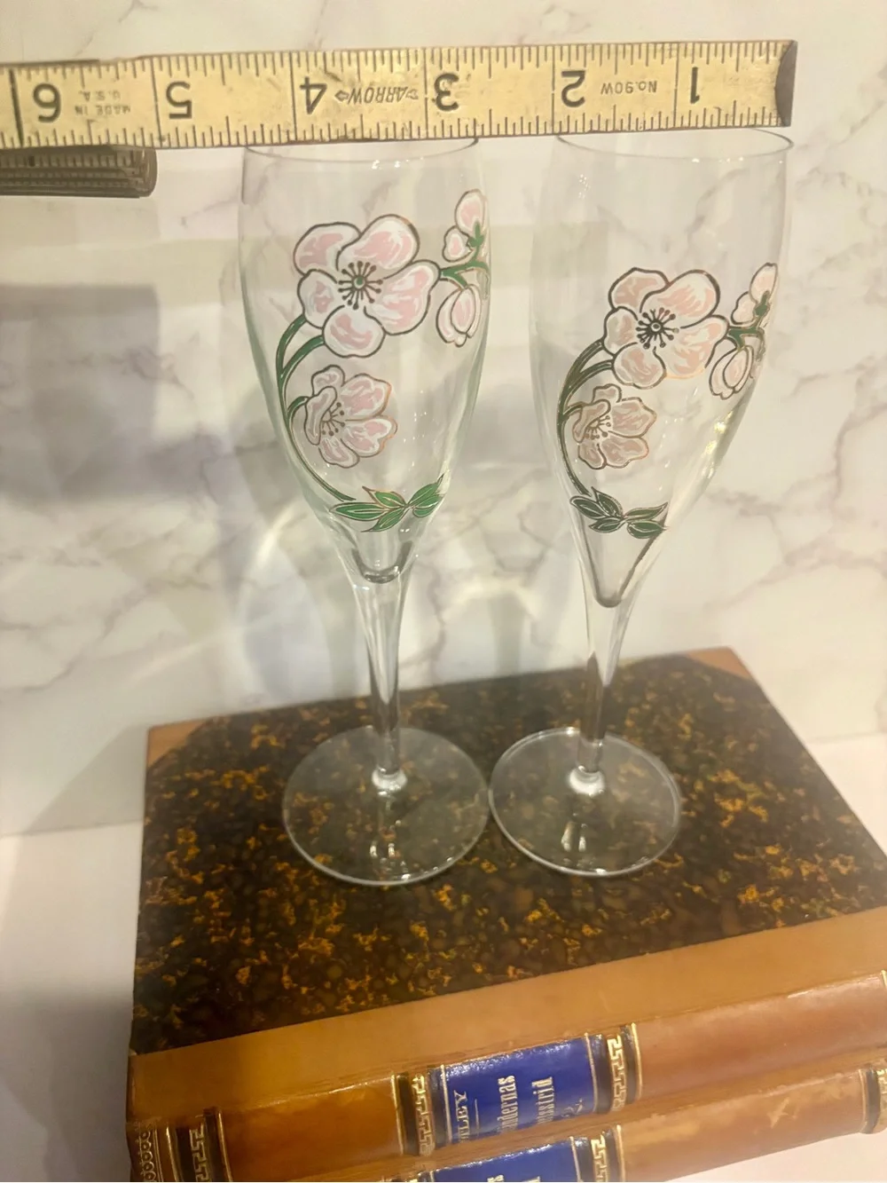 Pair of Pierre Jouette Hand-Painted Champagne Flutes – Pink & Green Florals